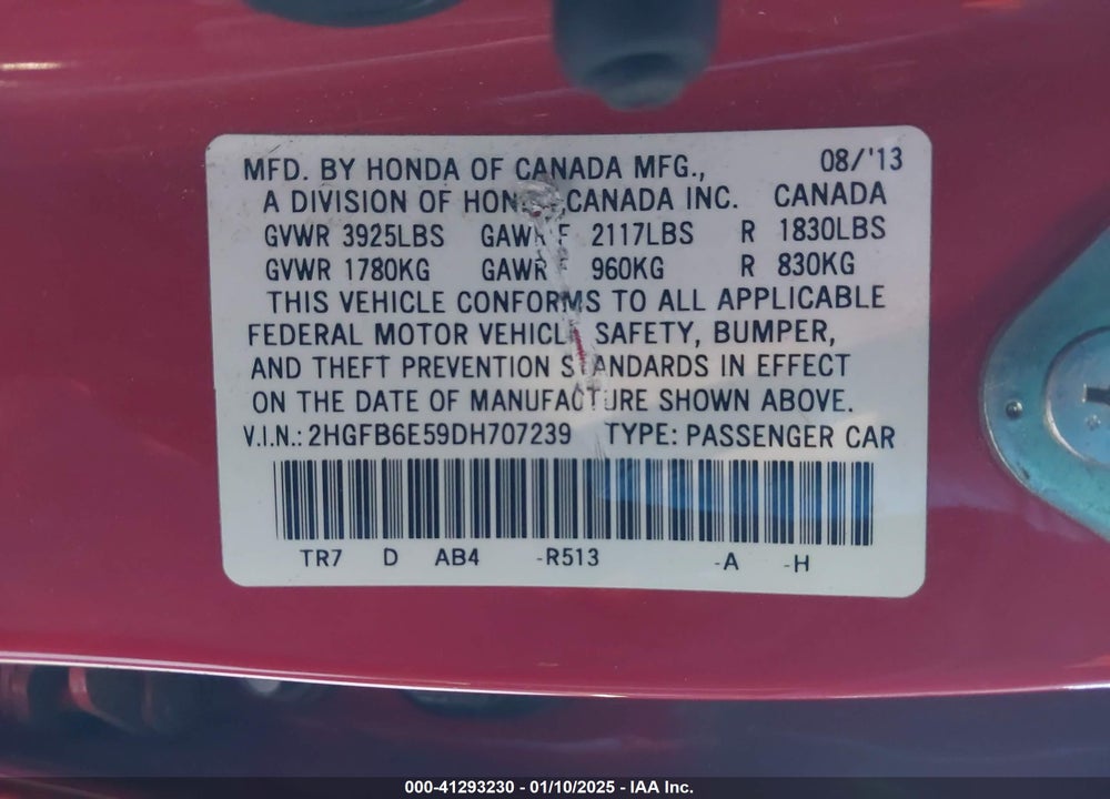 2013 HONDA CIVIC VIN: 2HGFB6E59DH707239