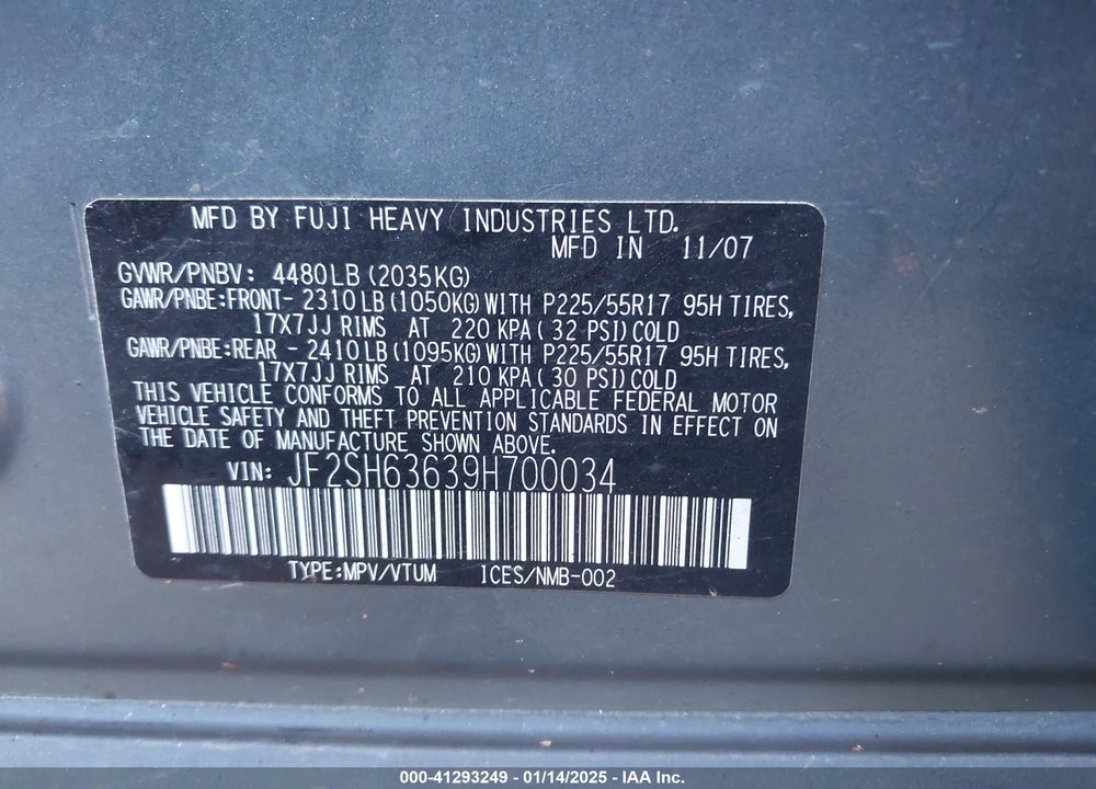 2009 SUBARU FORESTER 2.5X VIN: JF2SH63639H700034