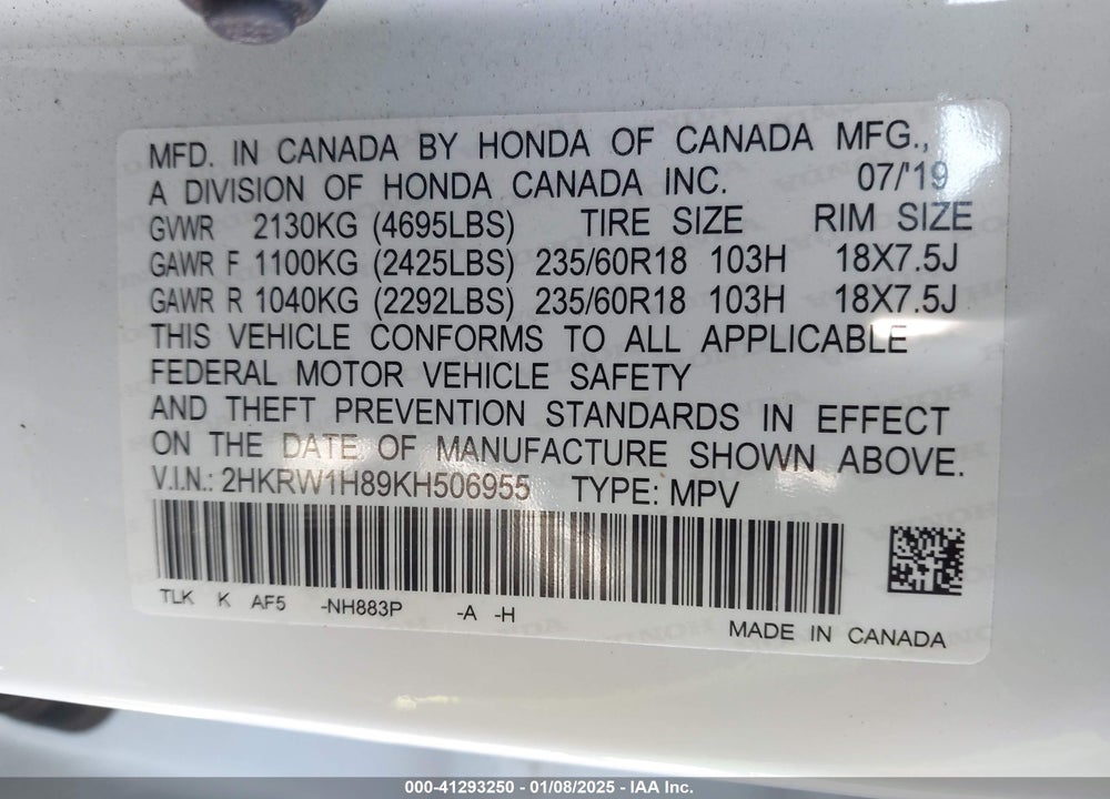 2019 HONDA CR-V EX-L VIN: 2HKRW1H89KH506955