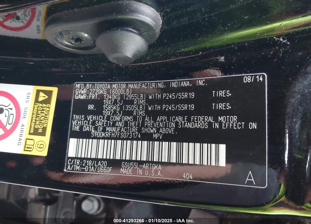2015 TOYOTA HIGHLANDER LIMITED V6 VIN: 5TDDKRFH7FS073174