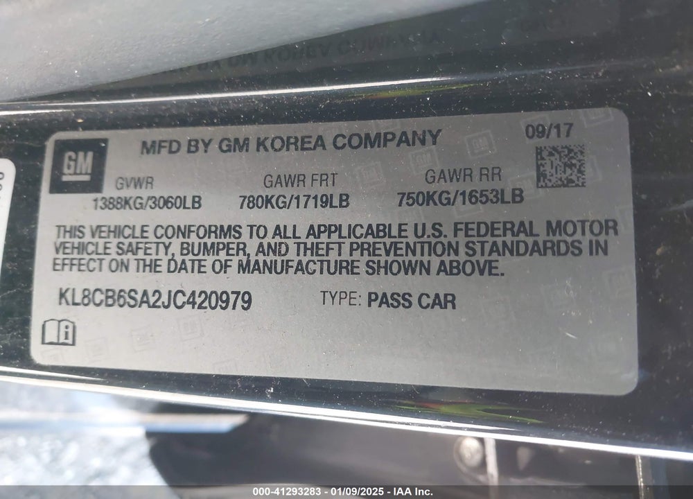 2018 CHEVROLET SPARK VIN: KL8CB6SA2JC420979
