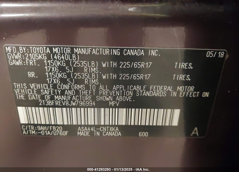 2018 TOYOTA RAV4 VIN: 2T3BFREV8JW796994