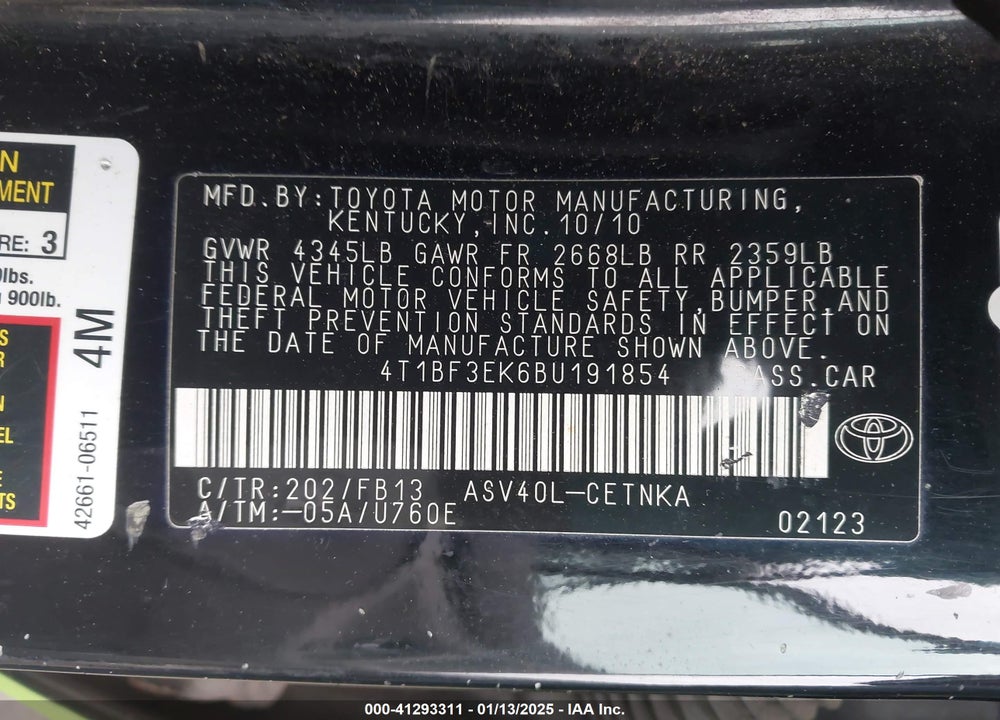2011 TOYOTA CAMRY VIN: 4T1BF3EK6BU191854