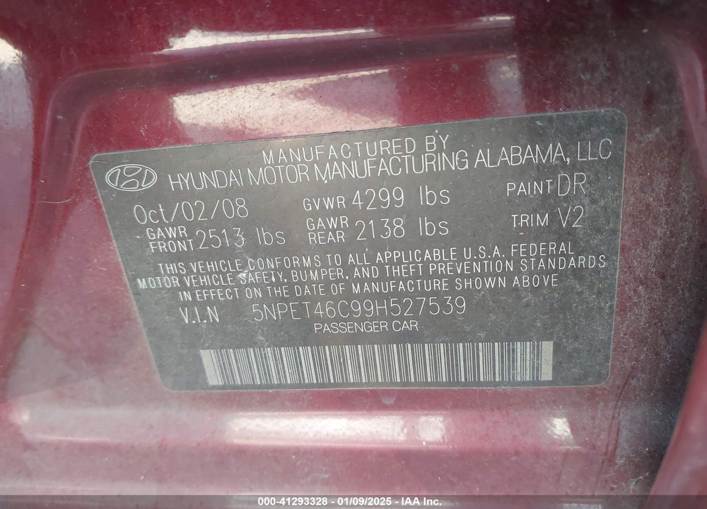 2009 HYUNDAI SONATA GLS VIN: 5NPET46C99H527539