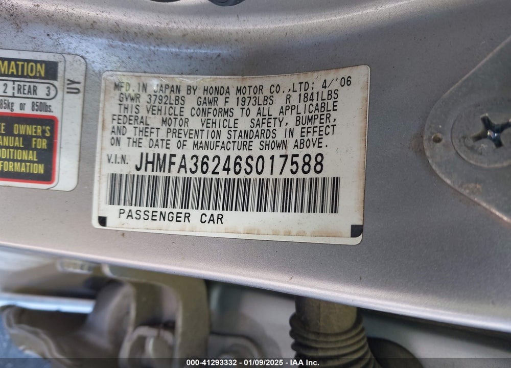 2006 HONDA CIVIC HYBRID VIN: JHMFA36246S017588