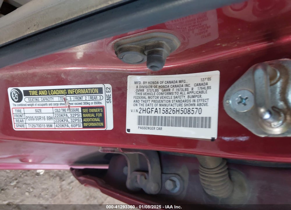 2006 HONDA CIVIC VIN: 2HGFA15826H508570