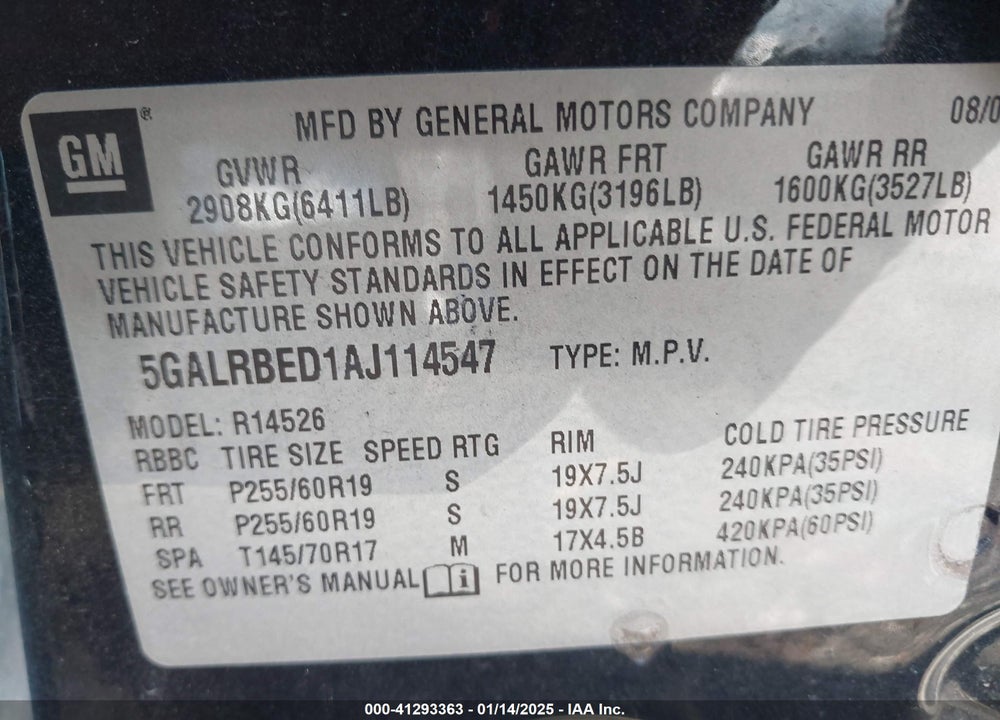 2010 BUICK ENCLAVE 1XL VIN: 5GALRBED1AJ114547