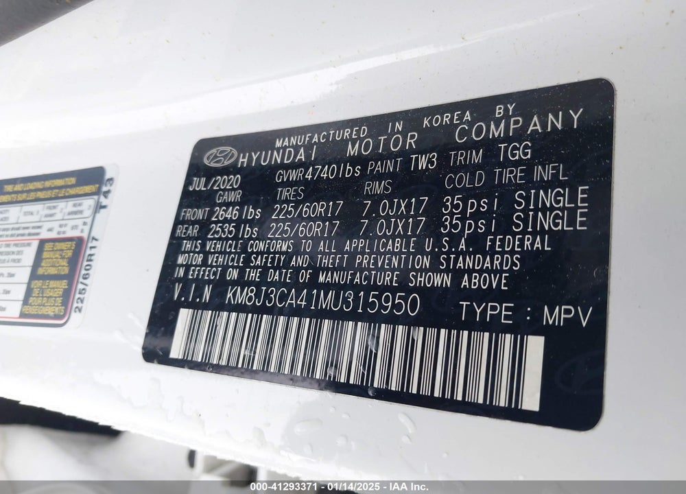 2021 HYUNDAI TUCSON VALUE VIN: KM8J3CA41MU315950