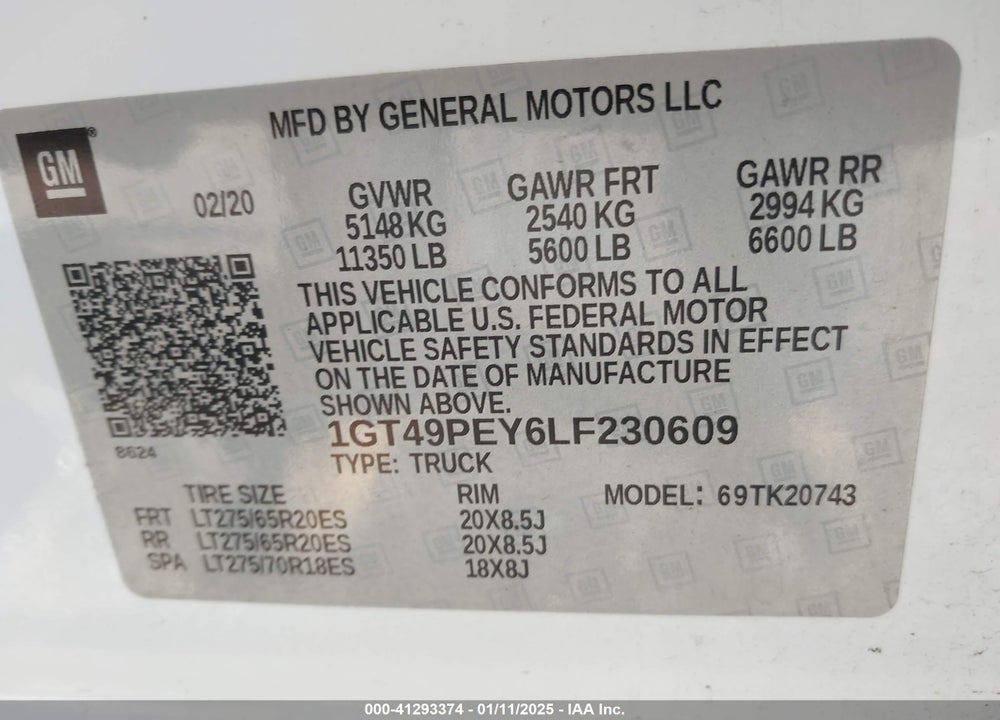 2020 SIERRA GMC  2500HD 4WD  STANDARD BED AT4 VIN: 1GT49PEY6LF230609