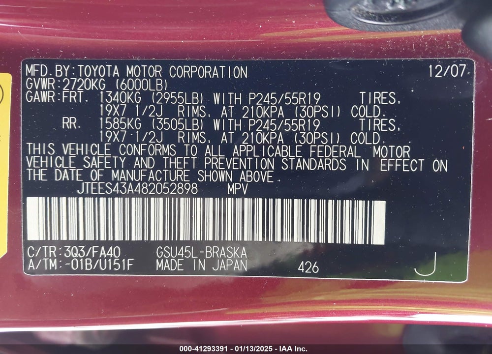 2008 TOYOTA HIGHLANDER VIN: JTEES43A482052898