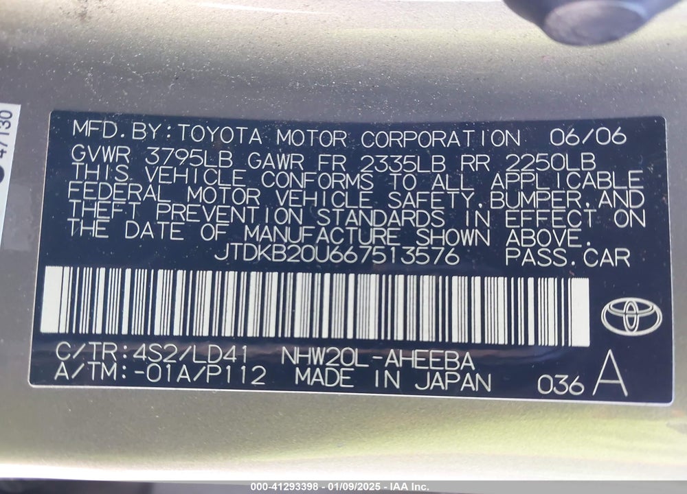 2006 TOYOTA PRIUS VIN: JTDKB20U667513576