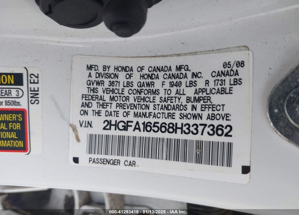 2008 HONDA CIVIC LX VIN: 2HGFA16568H337362