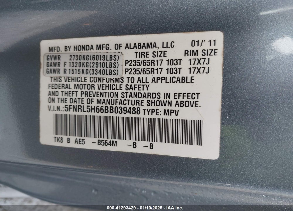 2011 HONDA ODYSSEY EX-L VIN: 5FNRL5H66BB039488