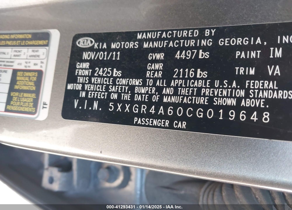 2012 KIA OPTIMA SX VIN: 5XXGR4A60CG019648