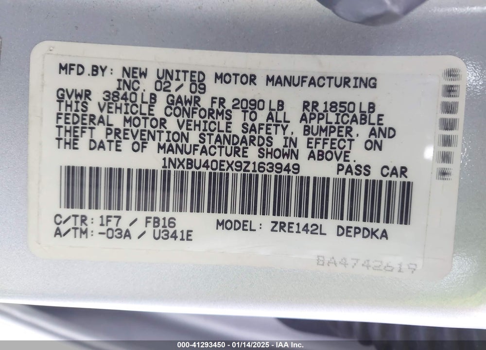 2009 TOYOTA COROLLA VIN: 1NXBU40EX9Z163949