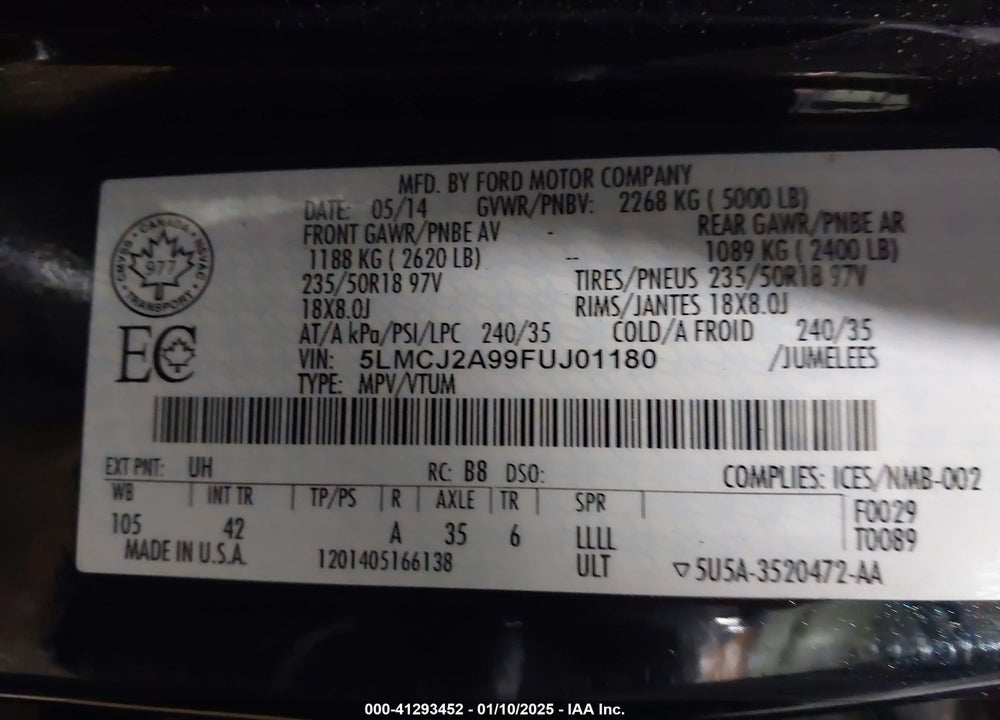 2015 LINCOLN MKC VIN: 5LMCJ2A99FUJ01180