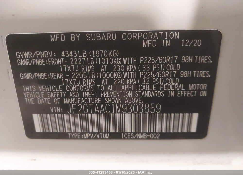 2021 SUBARU CROSSTREK VIN: JF2GTAAC1M9303859