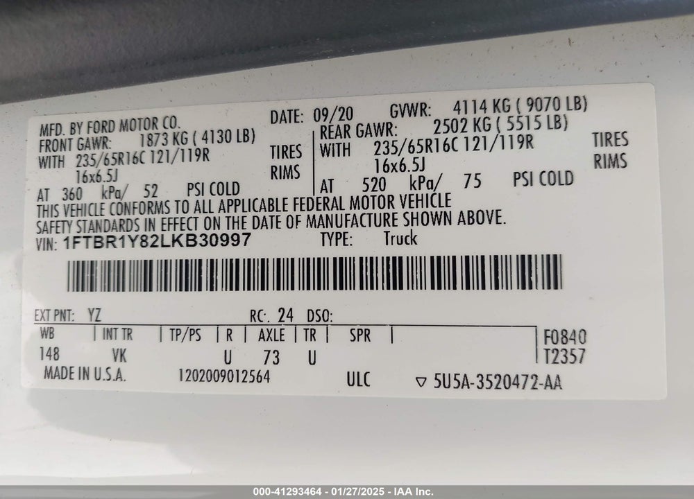 2020 FORD TRANSIT-250 VIN: 1FTBR1Y82LKB30997