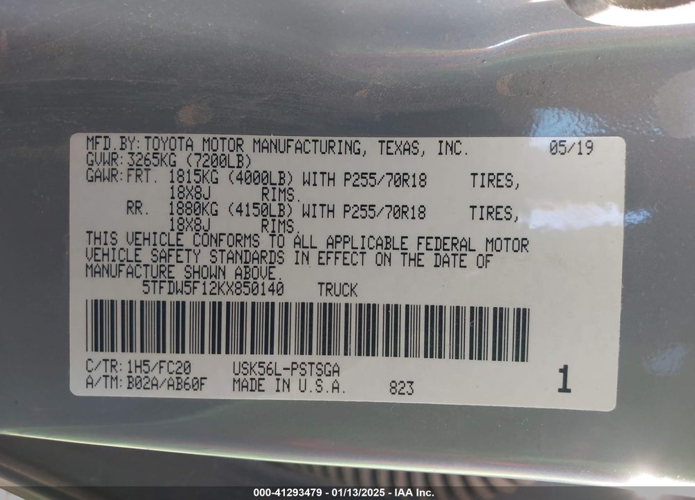 2019 TOYOTA TUNDRA VIN: 5TFDW5F12KX850140