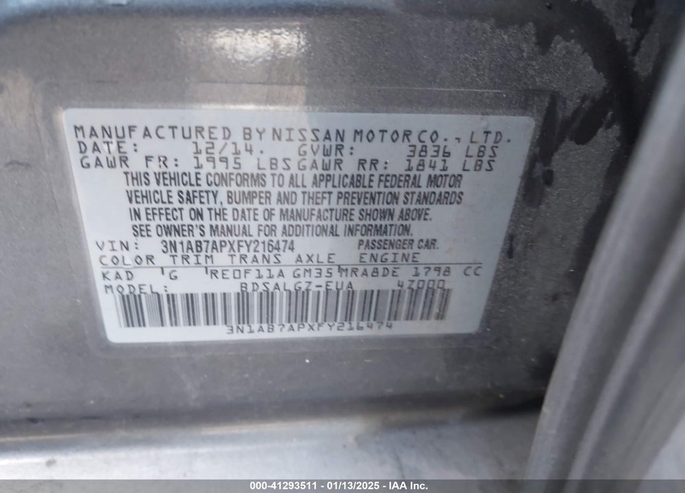 2015 NISSAN SENTRA VIN: 3N1AB7APXFY216474