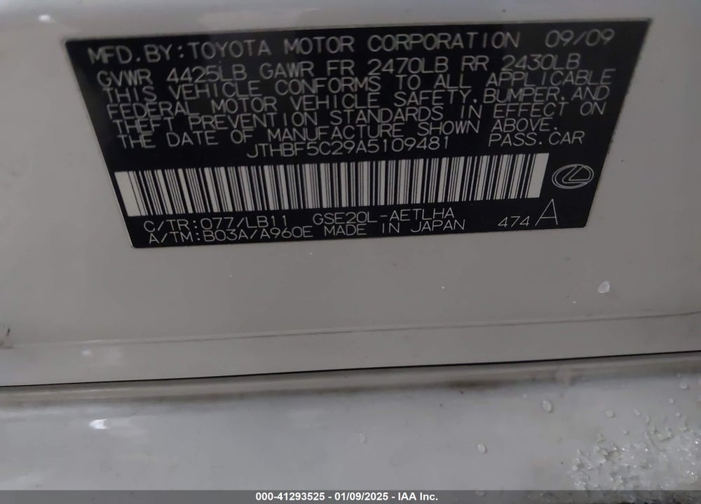 2010 LEXUS IS 250 BASE A6 VIN: JTHBF5C29A5109481