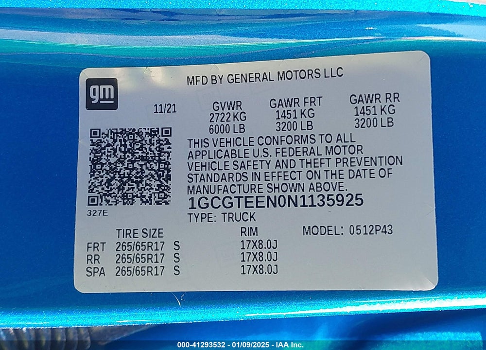 2022 CHEVROLET COLORADO 4WD SHORT BOX ZR2 VIN: 1GCGTEEN0N1135925