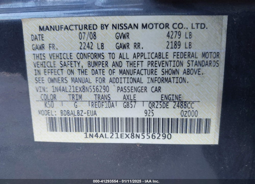 2008 NISSAN ALTIMA 2.5 S VIN: 1N4AL21EX8N556290