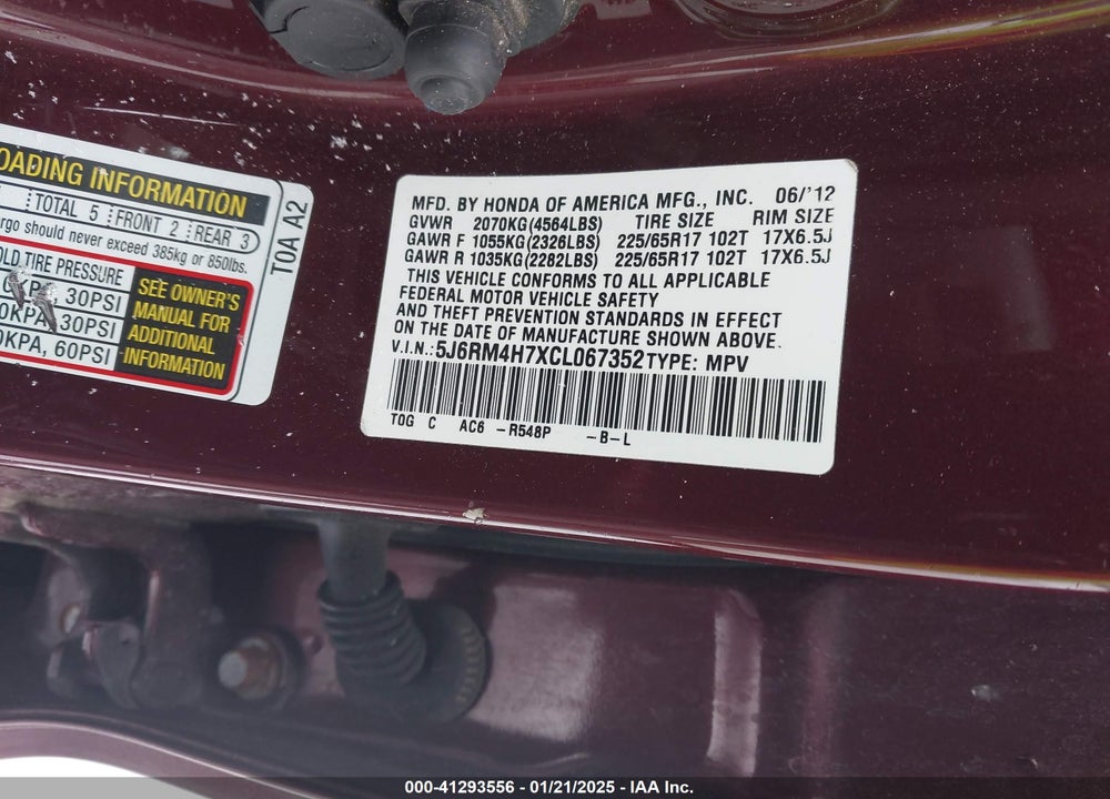 2012 HONDA CR-V EX-L VIN: 5J6RM4H7XCL067352