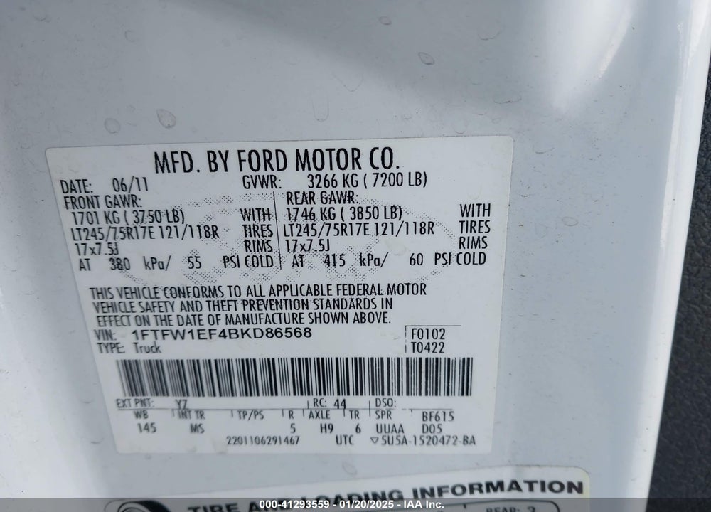 2011 FORD F-150 VIN: 1FTFW1EF4BKD86568