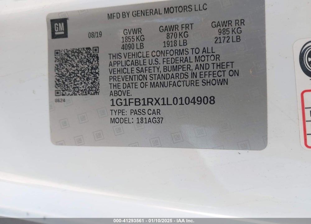 2020 CHEVROLET CAMARO VIN: 1G1FB1RX1L0104908