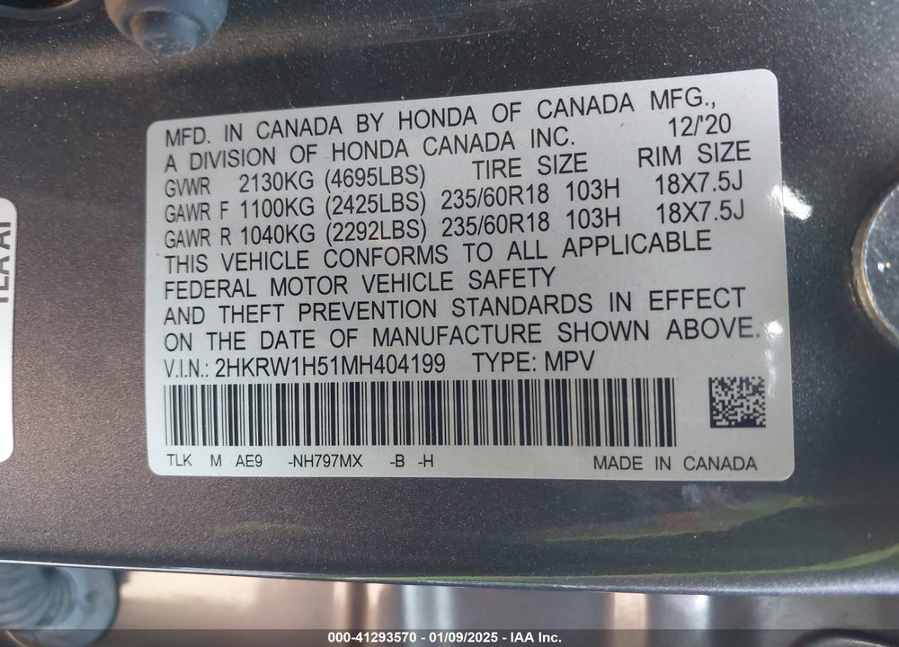 2021 HONDA CR-V 2WD EX VIN: 2HKRW1H51MH404199