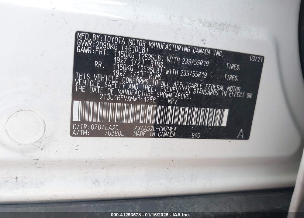2021 TOYOTA RAV4 VIN: 2T3C1RFVXMW141256