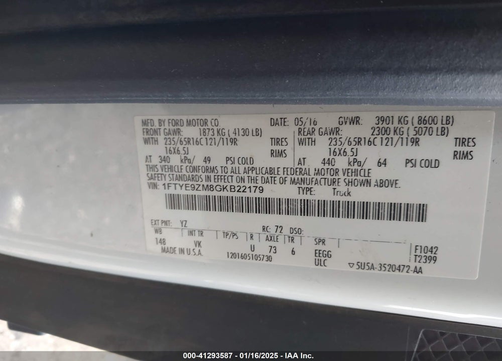 2016 FORD TRANSIT-150 VIN: 1FTYE9ZM8GKB22179