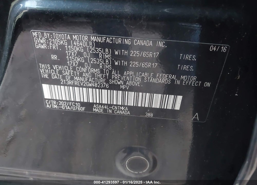 2016 TOYOTA RAV4 XLE VIN: 2T3RFREV2GW482376