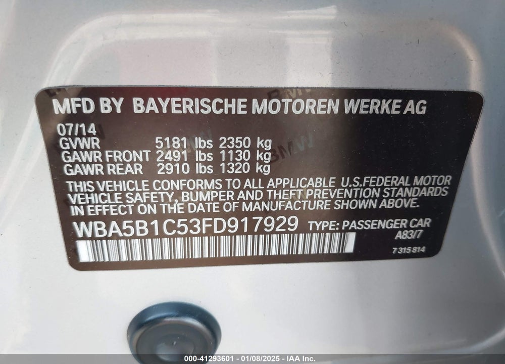 2015 BMW 535I VIN: WBA5B1C53FD917929