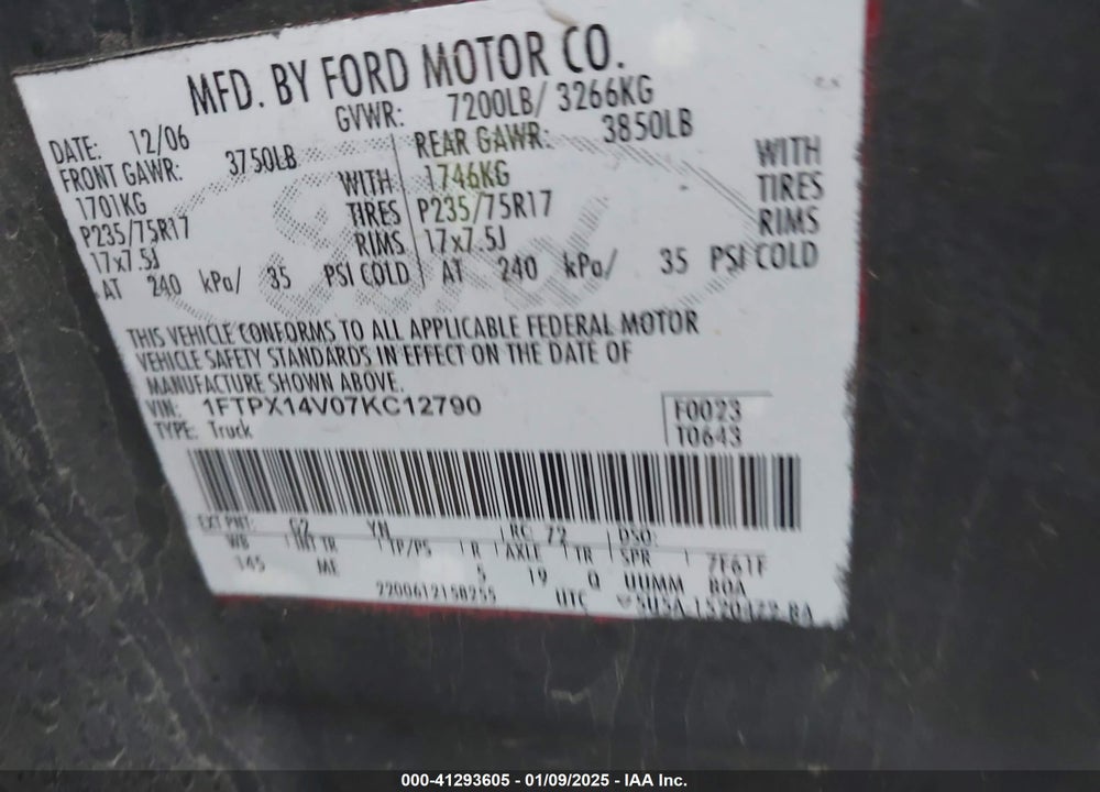 2007 FORD F-150 VIN: 1FTPX14V07KC12790