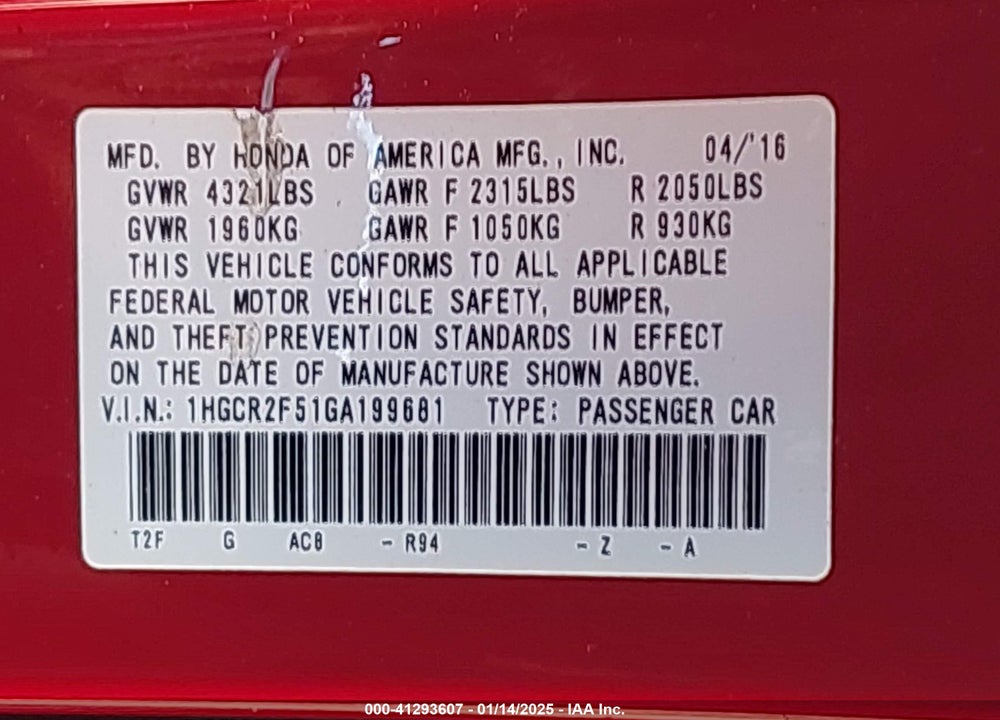 2016 HONDA ACCORD VIN: 1HGCR2F51GA199681