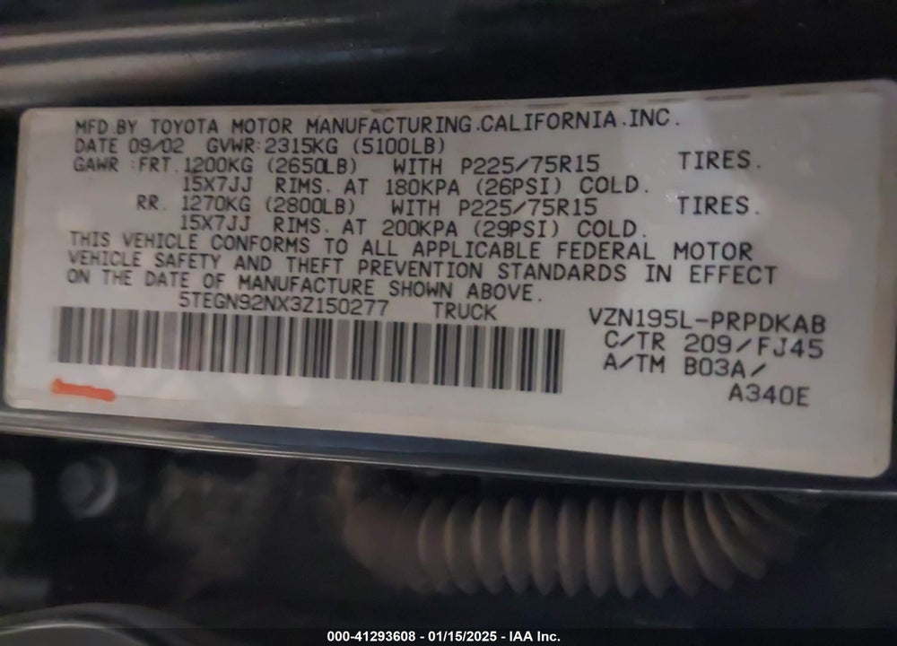 2003 TOYOTA TACOMA PRERUNNER V6 VIN: 5TEGN92NX3Z150277