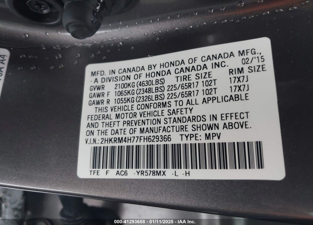 2015 HONDA CR-V EX-L VIN: 2HKRM4H77FH629366