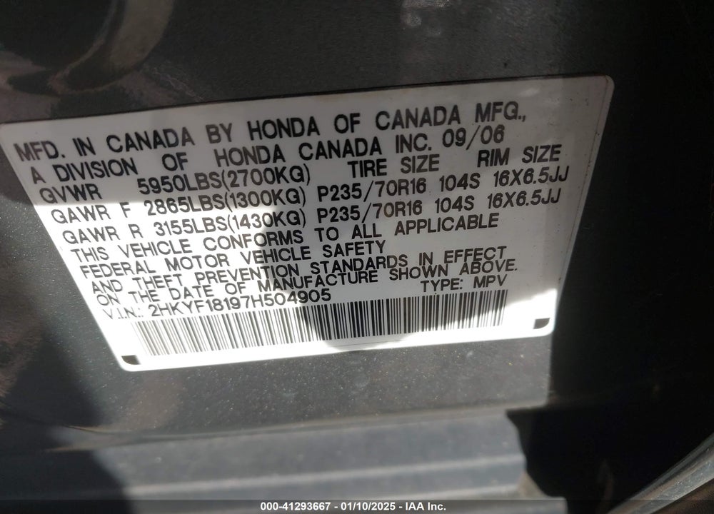 2007 HONDA PILOT VIN: 2HKYF18197H504905