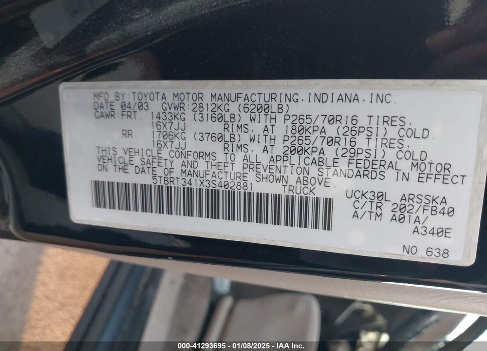 2003 TOYOTA TUNDRA SR5 V8 VIN: 5TBRT341X3S402881