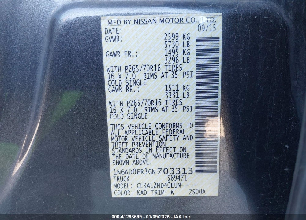 2016 NISSAN FRONTIER VIN: 1N6AD0ER3GN703313