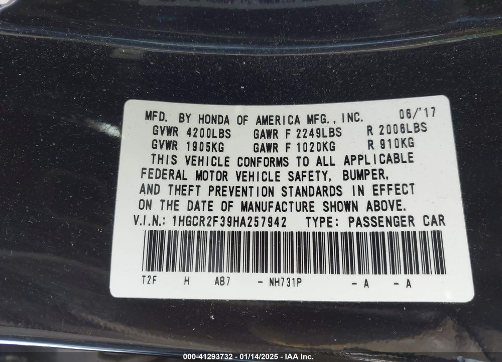 2017 HONDA ACCORD VIN: 1HGCR2F39HA257942