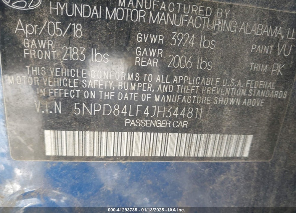 2018 HYUNDAI ELANTRA VIN: 5NPD84LF4JH344811