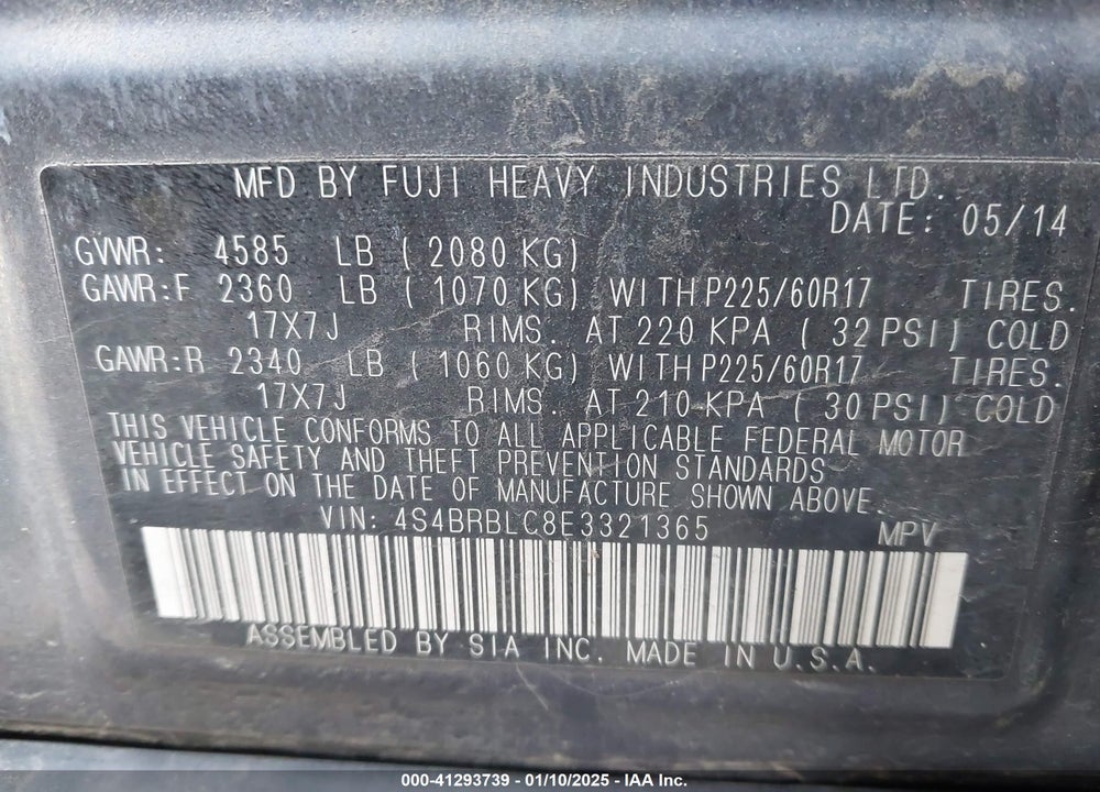 2014 SUBARU OUTBACK 2.5I LIMITED VIN: 4S4BRBLC8E3321365