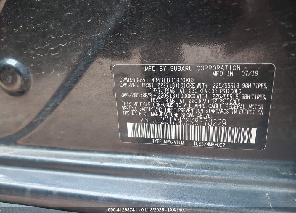 2019 SUBARU CROSSTREK VIN: JF2GTANC6K8378229