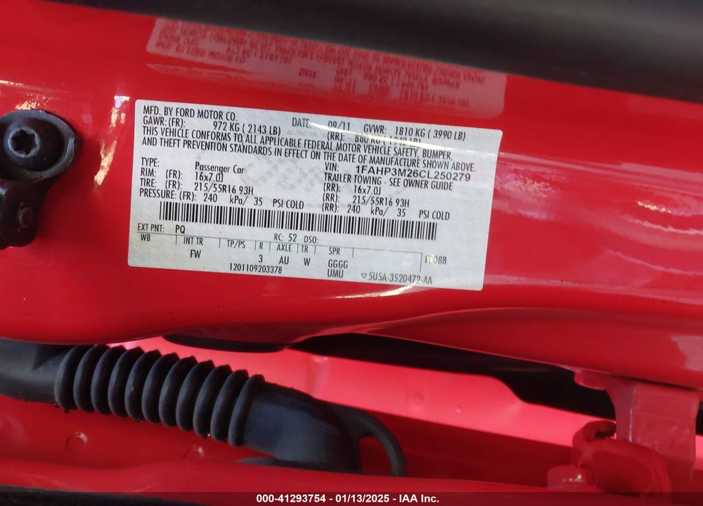 2012 FORD FOCUS VIN: 1FAHP3M26CL250279