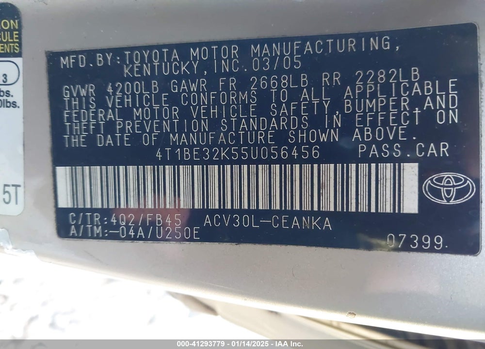 2005 TOYOTA CAMRY STD/ VIN: 4T1BE32K55U056456