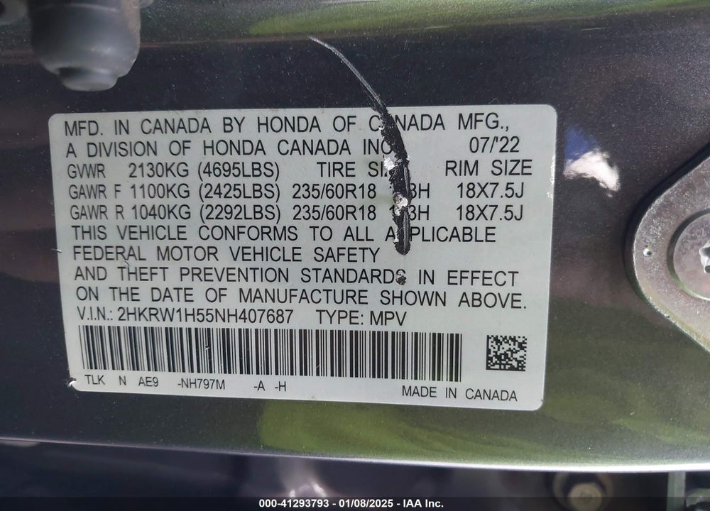 2022 HONDA CR-V 2WD EX VIN: 2HKRW1H55NH407687