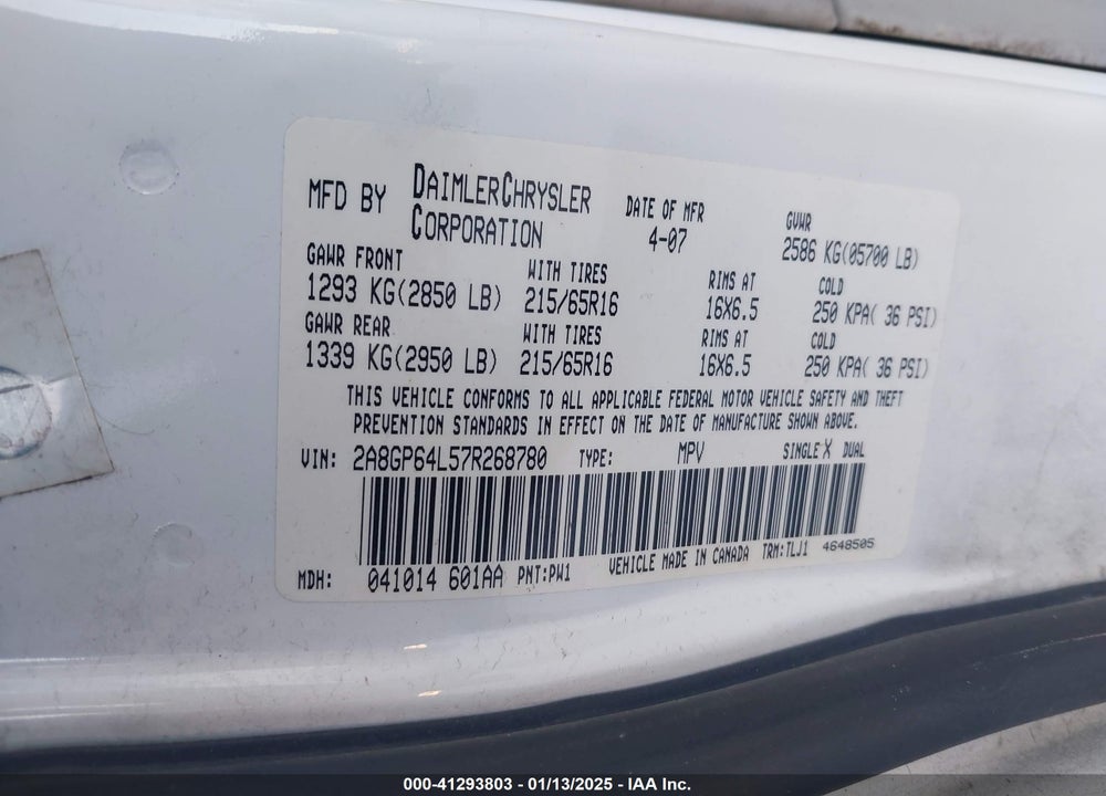 2007 CHRYSLER TOWN & COUNTRY LIMITED VIN: 2A8GP64L57R268780